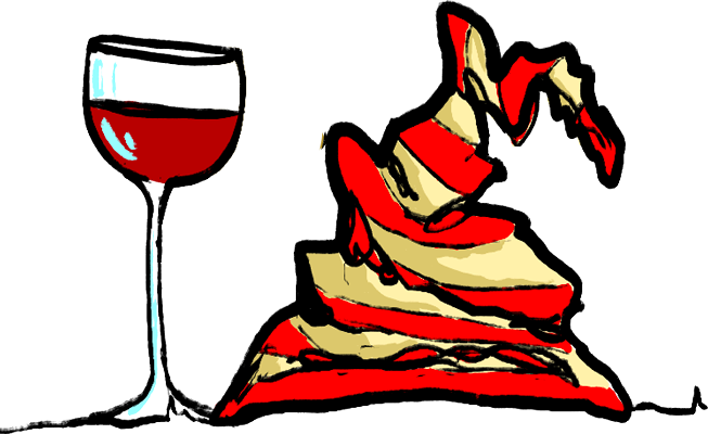 Gzuz's, aka Jesus, red and white striped hat along side a slender glass of red wine