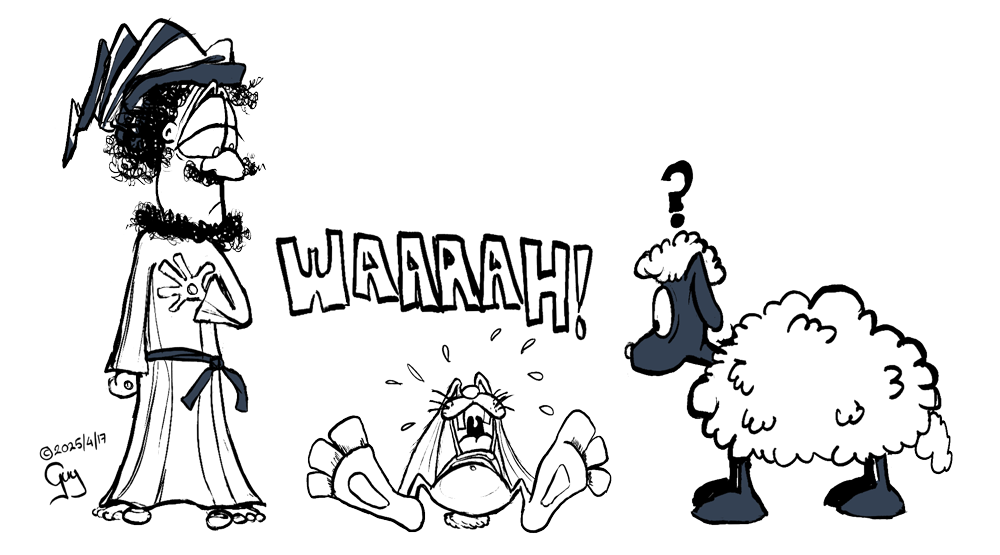 Gzuz stops to help weeping easter bunny with sheep looking confused.