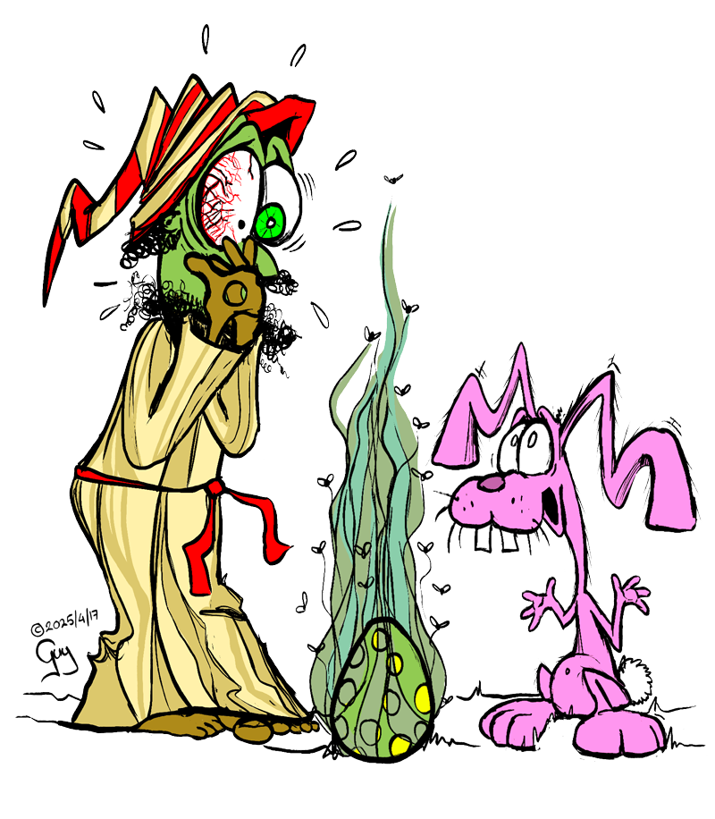 Gzuz and the easter bunny - Gzuz covering his nose from the smell of the egg. Easter bunny all embarrassed.