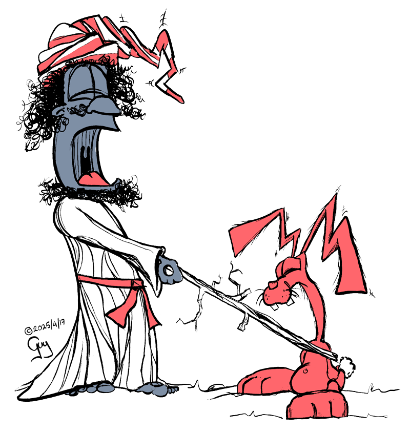 Gzuz knighting the Easter Bunny with a stick